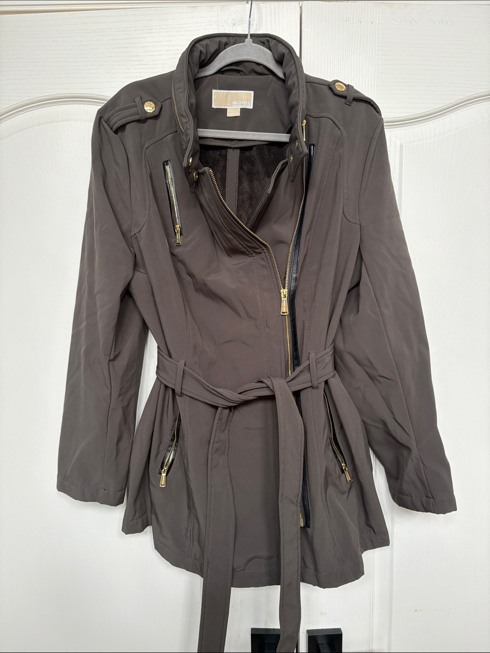 Michael Kors Brown Utility Trench Jacket with Gold Hardware